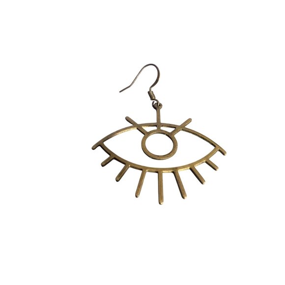 Evil Eye Shaped Brass Dangle SINGLE Earring Openwork Hook 2" Long 2.02g Unique - Picture 2 of 5